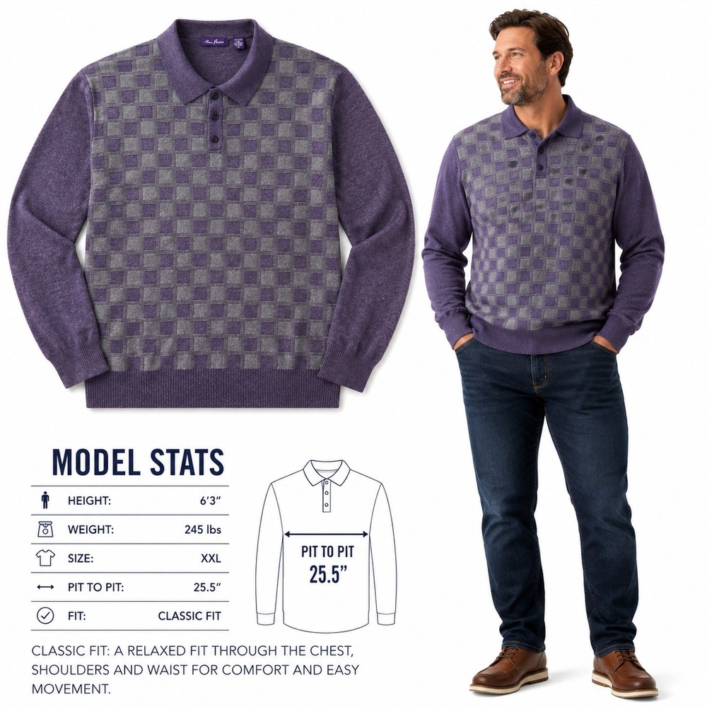 Alan Flusser Mens XXL Merino Wool Blend Purple Checkered LS Polo Sweater